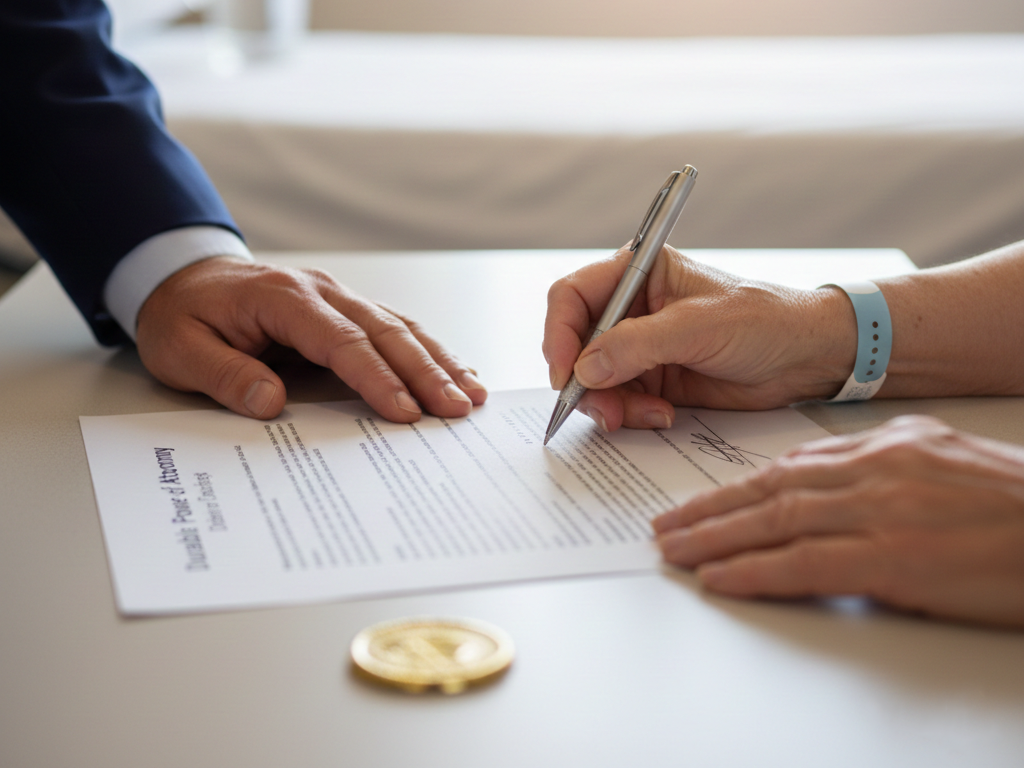 "A close-up, compassionate photograph of a mobile notary appointment at a hospital bedside in Lodi-Stockton. A female patient in a hospital gown is carefully signing a Power of Attorney or Healthcare Directive document on a clipboard. The steady, professional hand of Greg, the 'Calm Expert' from Mimosa Notary, is visible holding the document in place to ensure a clear signature. This image highlights specialized urgent hospital notary services and bedside legal assistance at facilities like Lodi Memorial and St. Joseph’s Medical Center, emphasizing a respectful, meticulous, and empathetic presence during sensitive medical moments."